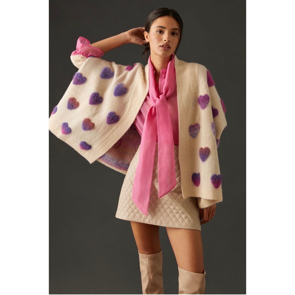 Anthropologie Heart Cardigan One Size Cream Purple Coquette Whimsical Sweater